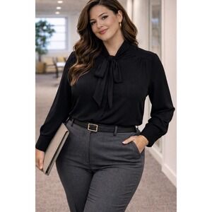 Who What Wear Womens Blouse Black XXL Tie Neck Long Sleeve Office Work Bow Top